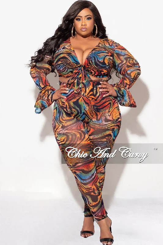 Final Sale Plus Size Sheer Bell Sleeve Tie Top and High Waist Pants Set in Multi Color Print