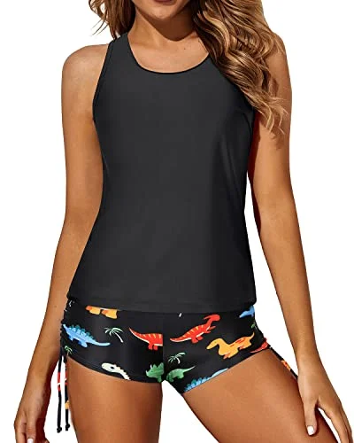 Modest And Stylish Tankini Swimwear Set Boy Shorts For Women-Black Dinosaur