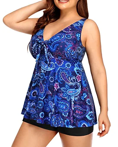 Slimming Flare Silhouette Swimwear Tie Knot Plus Size Tankini Set-Blue Tribal