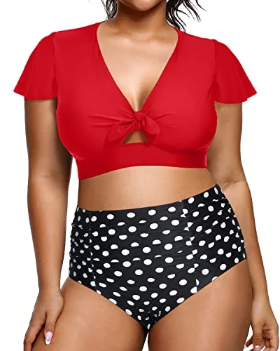 Womens Plus Size Two Piece Swimsuits Ruched Full Coverage Bottoms-Red Dot