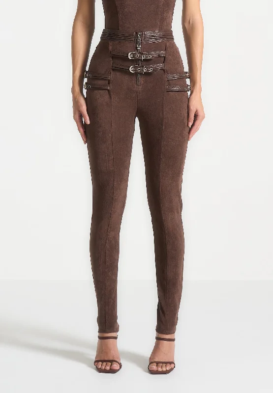 Suede Buckle Detail Leggings - Brown