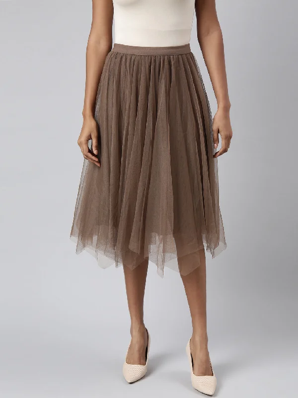 Women Flared Midi Brown Solid Skirt