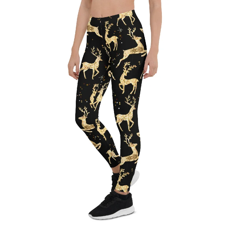 Golden Reindeers Print Leggings