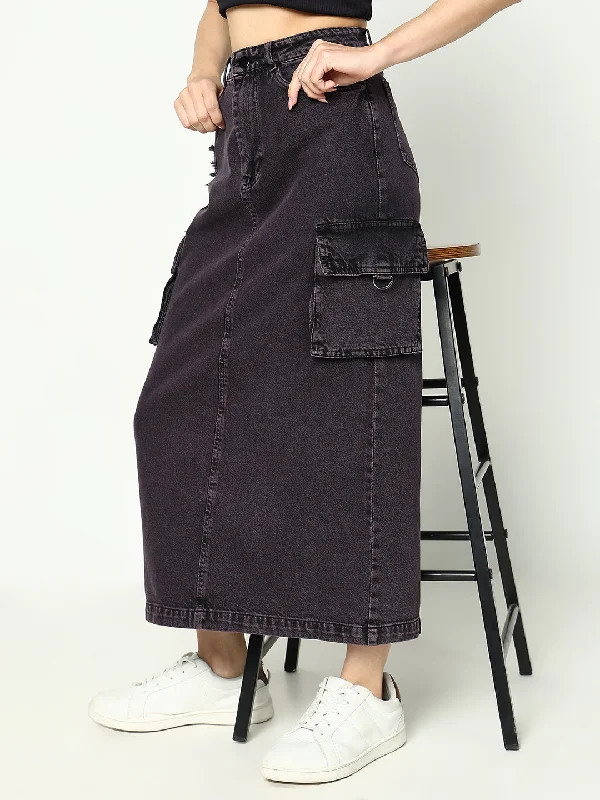 Women Solid Purple Straight Denim Skirt