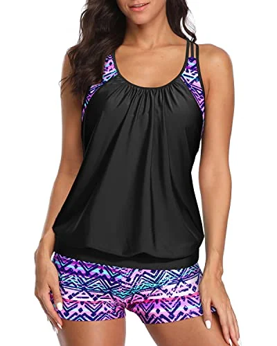 Ladies Athletic Two Piece Tankini Suits Racerback Tankini-Black And Tribal Purple