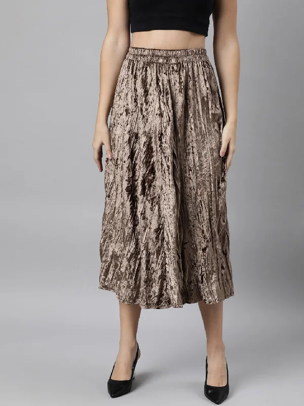 Women Solid Beige Flared Midi Skirt