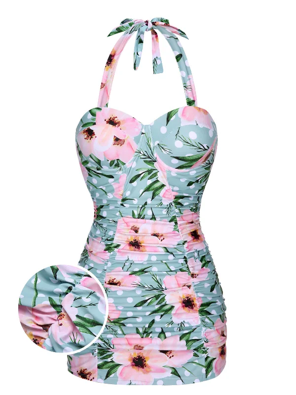 Green & Pink 1930s Floral Polka Dot Halter Swimsuit