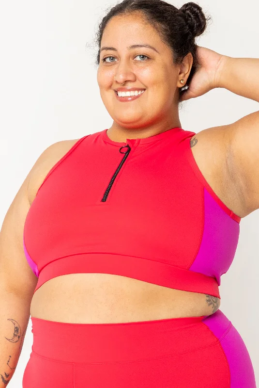 Half Zip Crop Bikini Top - Colorblock Fuchsia