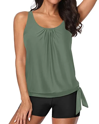 Blouson Tankini Top & Boy Shorts Swimsuits For Women-Olive Green