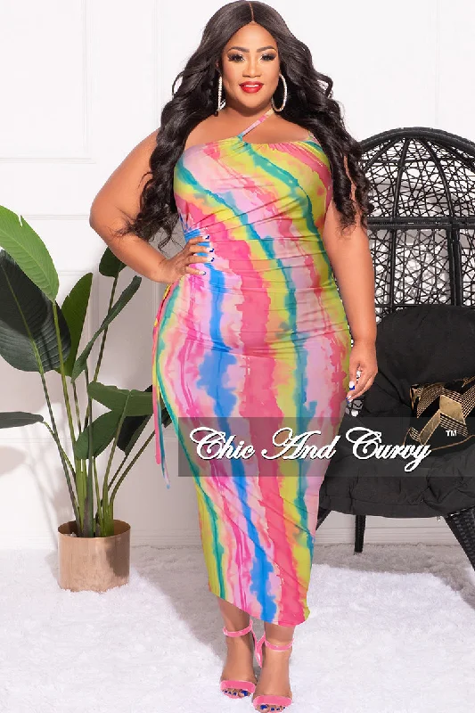 Final Sale Plus Size Double Strap BodyCon Dress with Cutout Side in Pink Multi Color Tie Dye Print