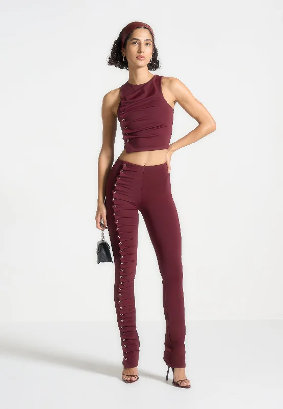 Eyelet Detail Tacked Leggings - Wine Red