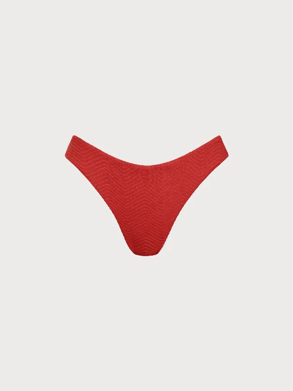 Red Textured Wave Cut Bikini Bottom