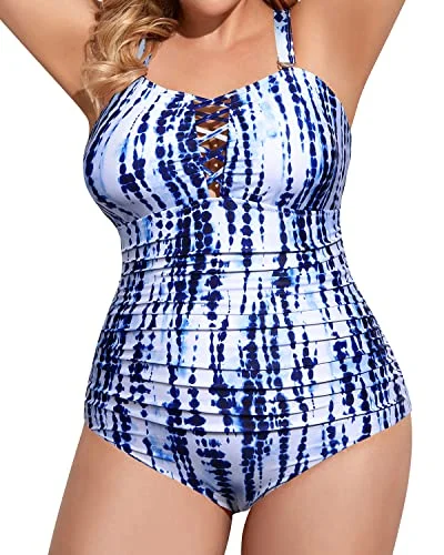 Ladies Deep V Neck Tummy Control Plus Size One Piece Swimsuits-Blue Tie Dye