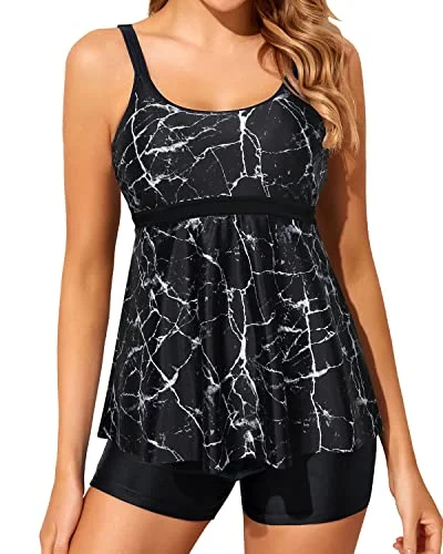 Women's Slimming Tankini Swimsuit Adjustable Shoulder Straps-Black Marble