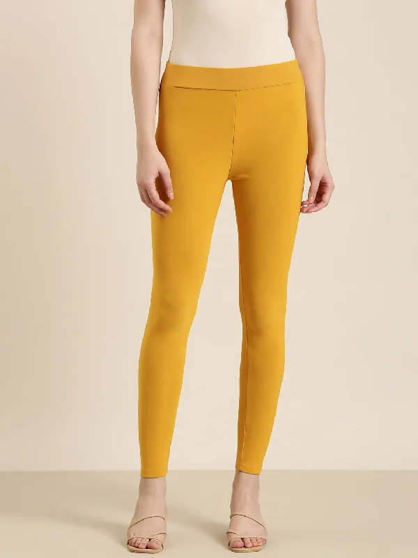 Women Mustard Solid Leggings