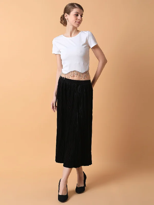 Women Solid Black Flared Midi Skirt