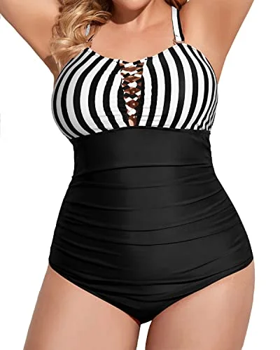 Plus Size One Piece Swimsuits Deep V Neck Ruched Lace Up Swimwear-Black And White Stripe