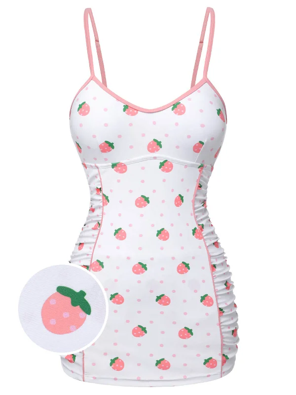 White & Pink 1950s Strawberry Pleated Swimsuit