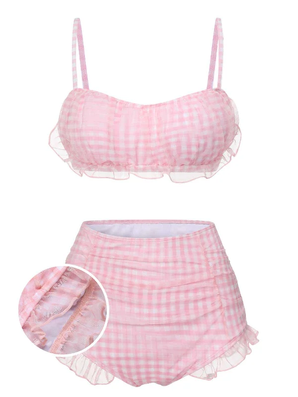 Pink 1940s Spaghetti Strap Mesh Plaids Swimsuit