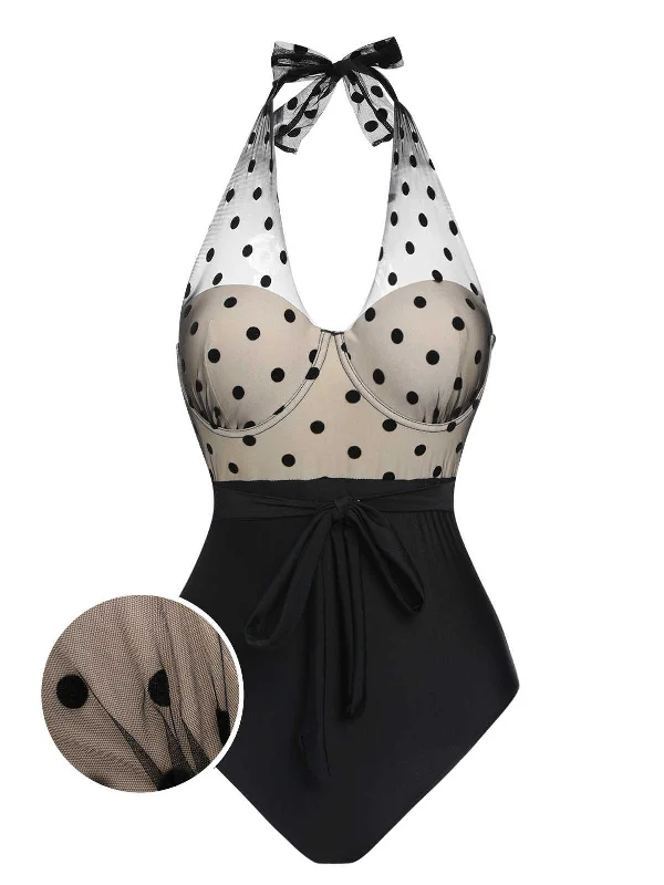 Black 1950s Halter Polka Dots Mesh Swimsuit