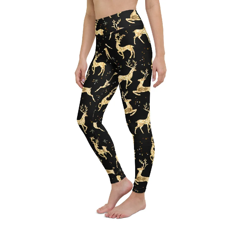 Golden Reindeers Print Yoga Leggings