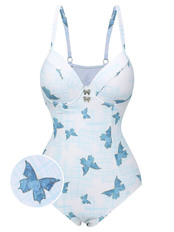 Multicolor 1970s Butterfly Bow Strap Swimsuit