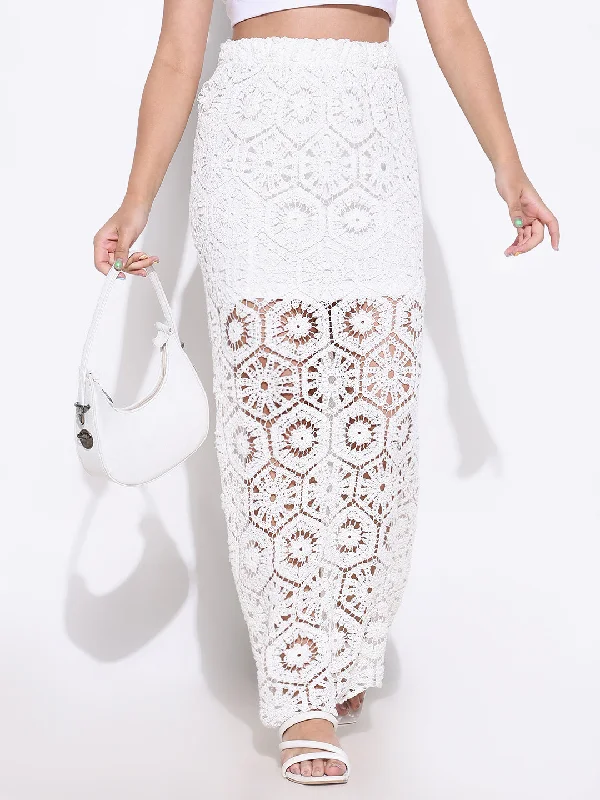 Women White Solid Crochet Skirt