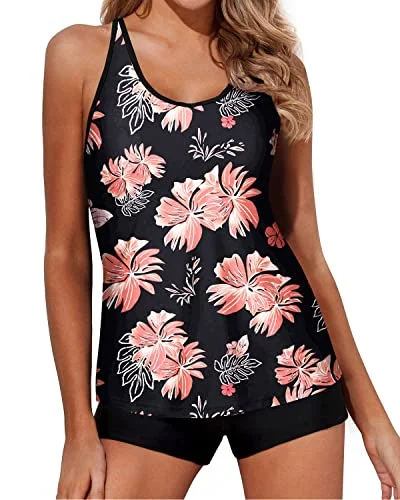 Women's Durable Elasticity Tankini Swimsuits Mid-Waist Boy Shorts-Black Orange Floral