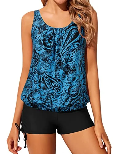 Adjustable Side Ties Swimsuits For Women Tops Boyshorts-Black And Tribal Blue