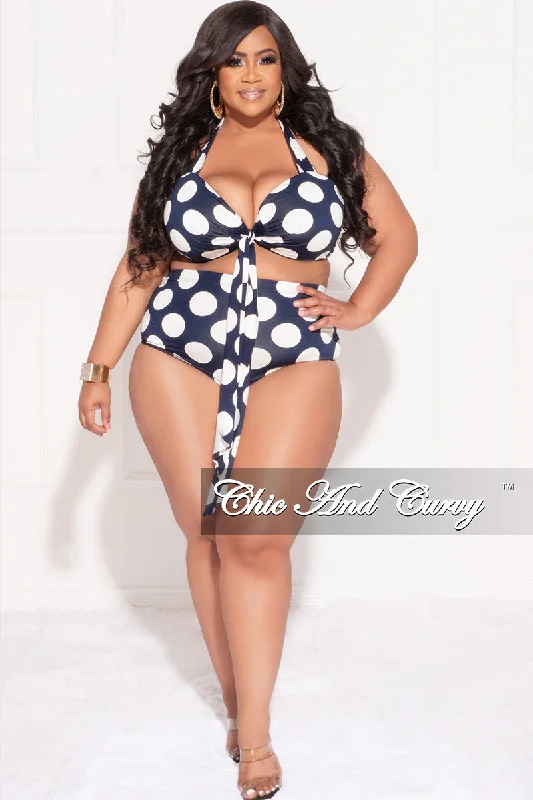 Final Sale Plus Size 2pc Set Poolside Playsuit with Bikini Halter Crop Top & High Waist Bottoms in Navy and White Polka Dot Print