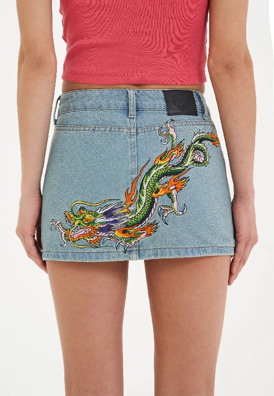 Womens Crawling Dragon Denim Mini Skirt - Blue