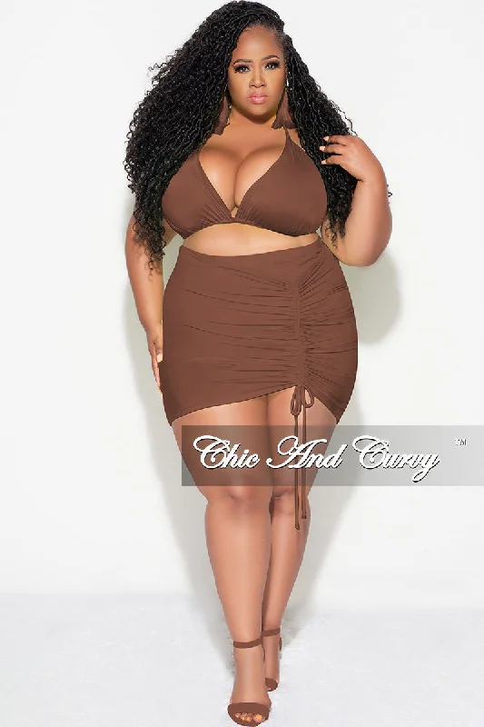 Final Sale Plus Size 3pc Set Bikini Top, Briefs & Ruched Skirt in Brown Summer