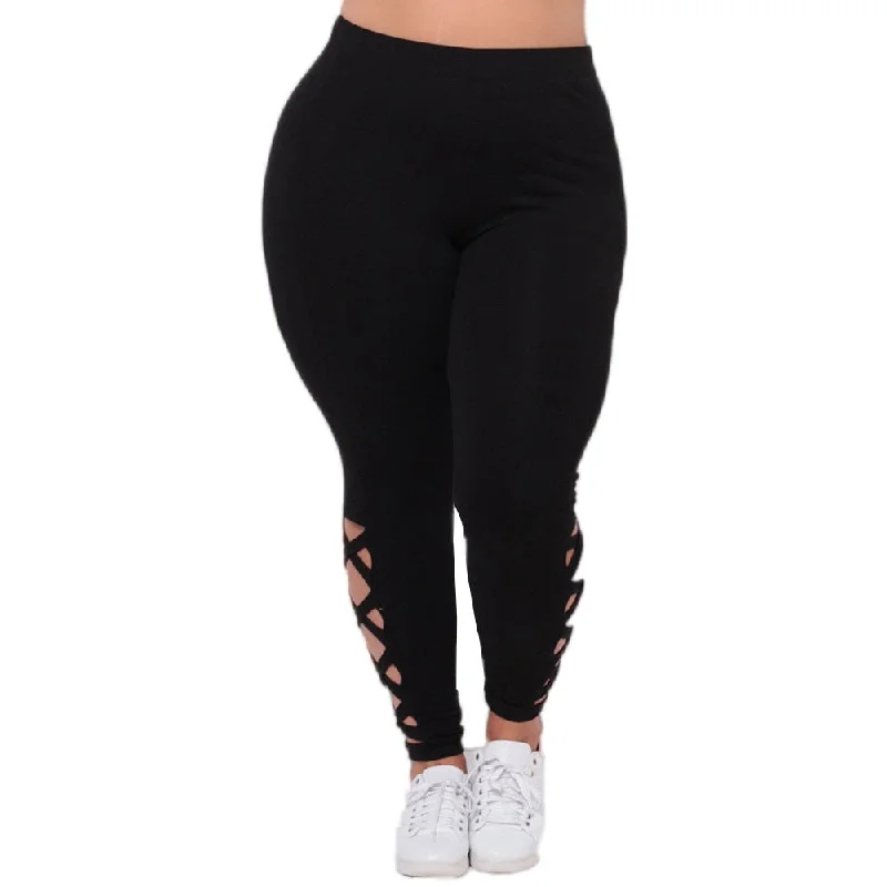 Solid Criss Cross Hollow Out Plus Size Leggings