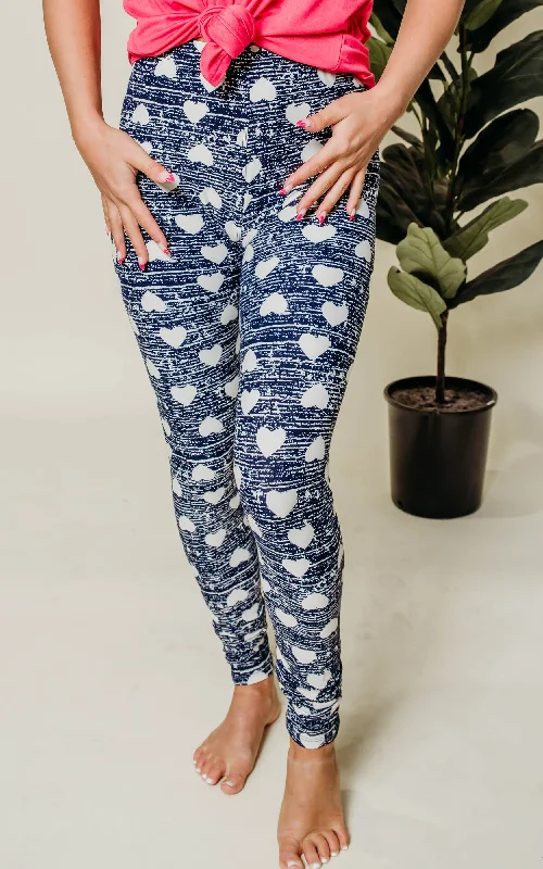 White Heart Navy Leggings