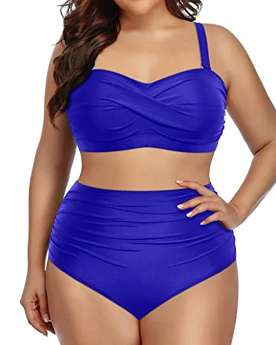 Twist-Front Plus Size High Waisted Bikini Set Bandeau Swimsuits For Women-Royal Blue