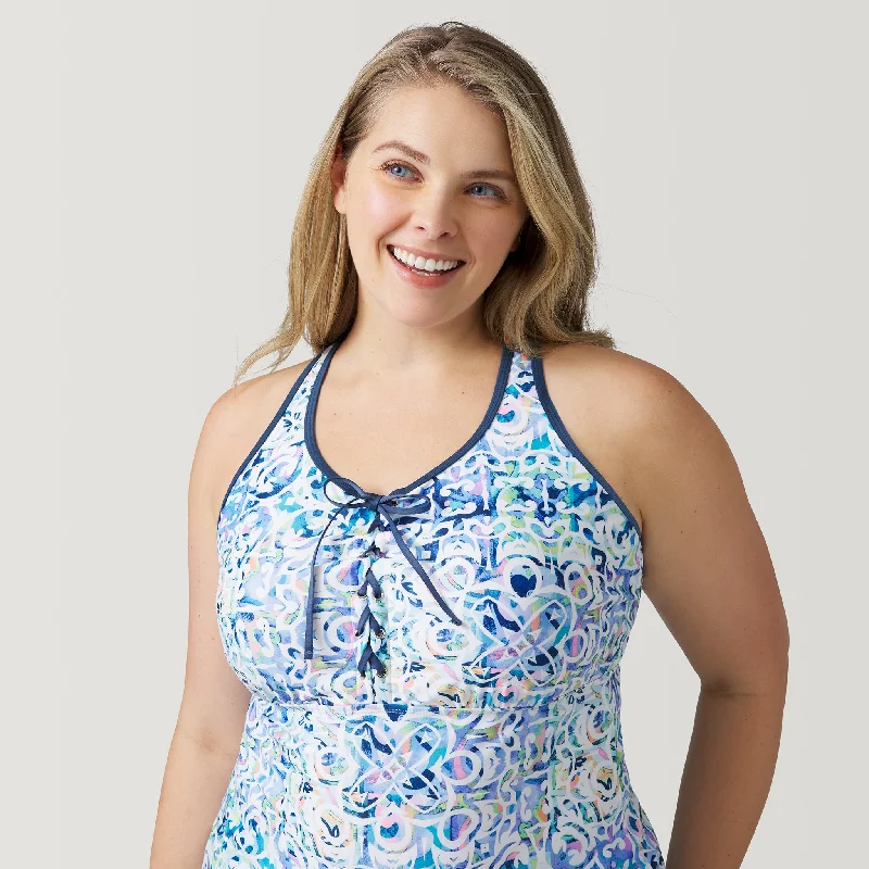 Women's Plus Size Mosaic Mirage Lace Up Racerback Tankini Top