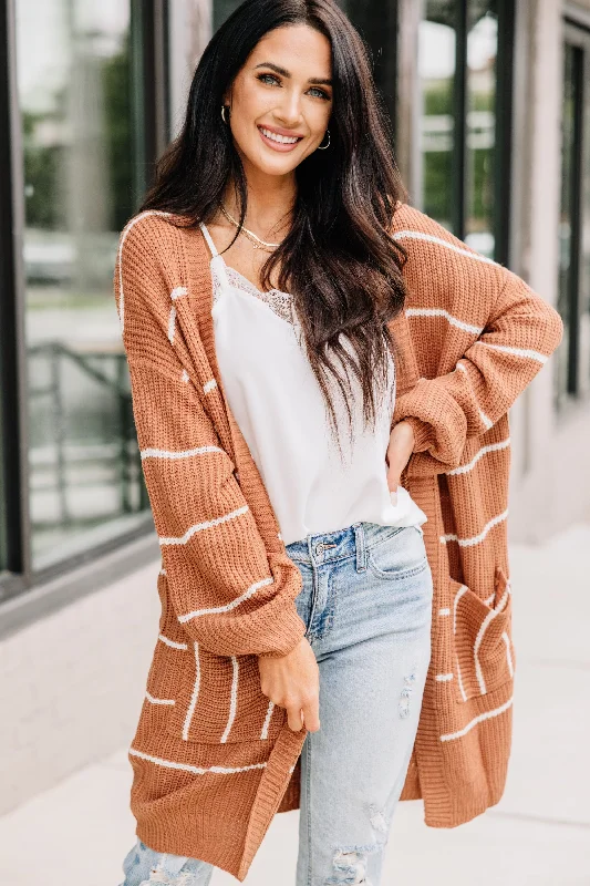 This Is The Answer Camel Brown Striped Cardigan Rugged Women's Outdoor 