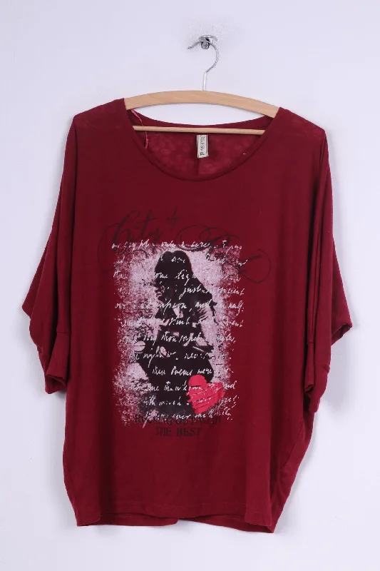 Multiblu Womens XL Blouse Graphic Shirt Bat Sleeve Top Crew Neck Burgundy Refined Women's Multiblu Womens XL Blouse Graphic Shirt Bat Sleeve Top Crew Neck Burgundy Refined Women's