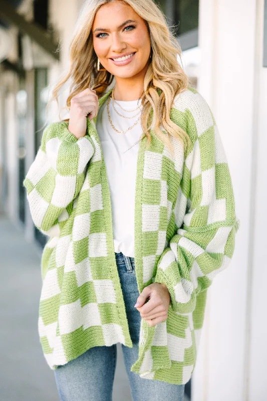 That's Life Sage Green Checkered Cardigan Practical Women's Multi - 