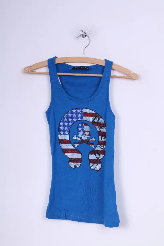 Philipp Plein Womens M Tank Top Shirt Blue Graphic Skull Summer Sleeveless Cotton Gym Philipp Plein Womens M Tank Top Shirt Blue Graphic Skull Summer Sleeveless Cotton Gym