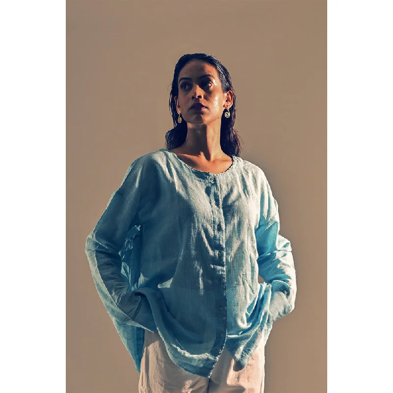 Blue Cotton Stripe Pattern Shirt European