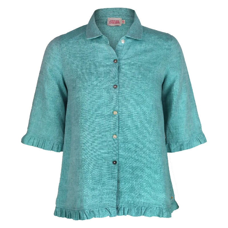 Rose Ruffle Shirt Sea Green Artistic Women's Hand - painted