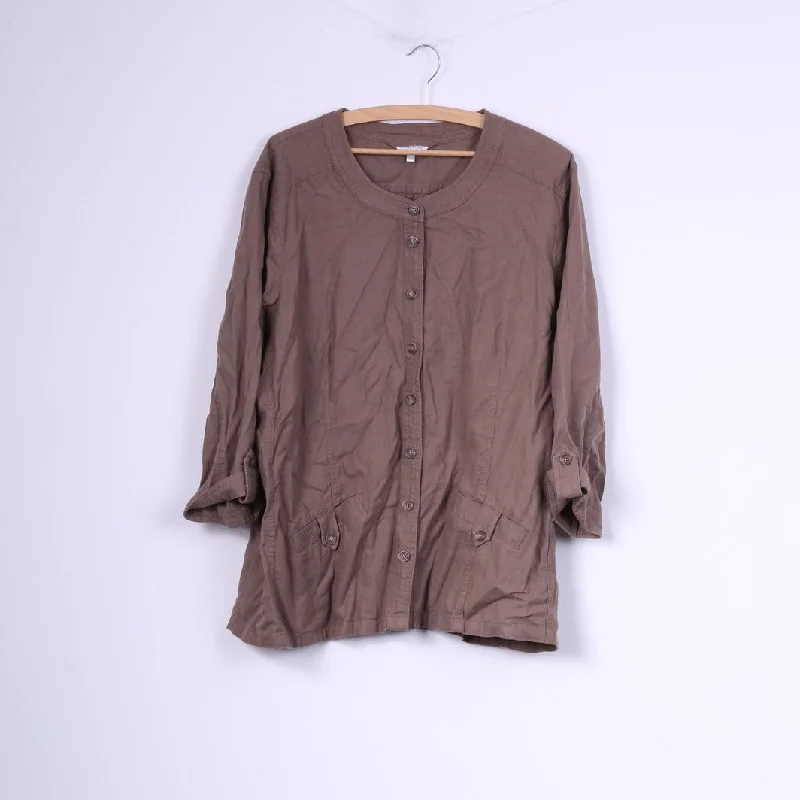 Signature Experience Womens XXL Casual Shirt Taupe Pocket Linen Short Sleeve Top Artistic Women's Hand - painted