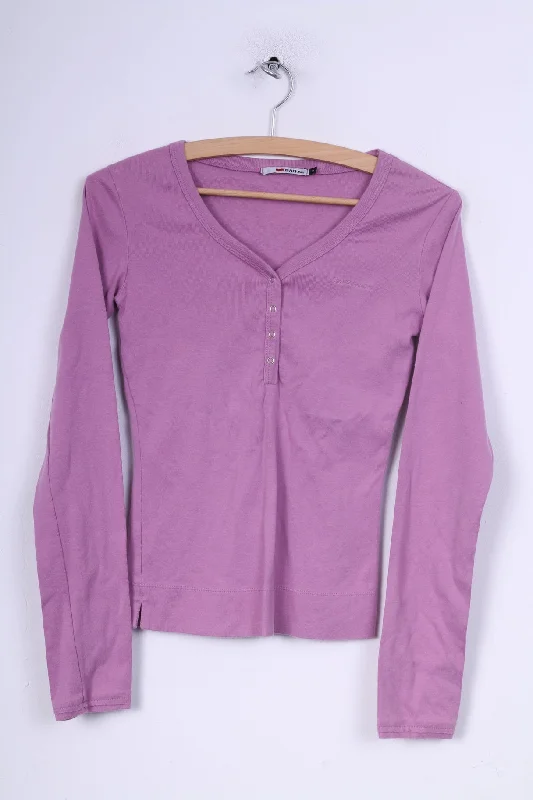 Gas Jeans Womens S Shirt Lilac Long Sleeve V Neck Cotton Popper Button Sophisticated Women's Tailored