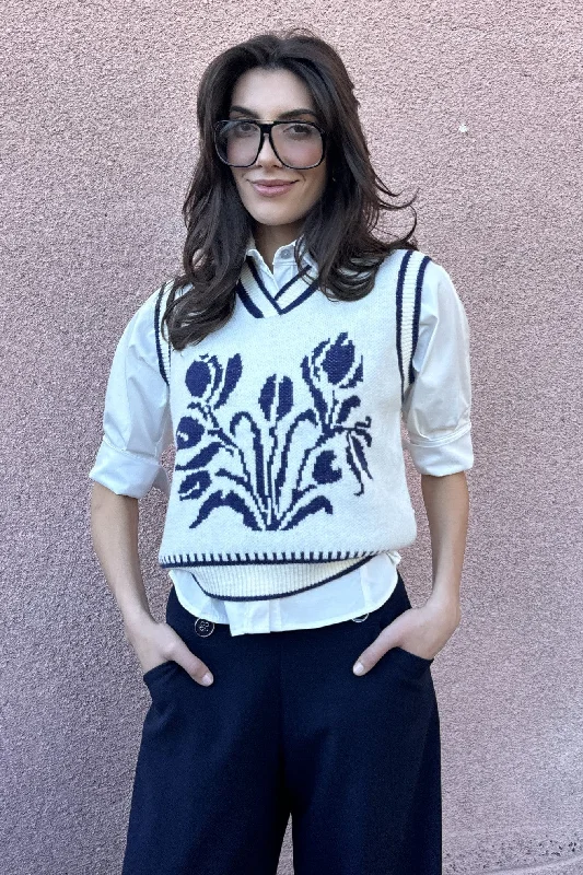 Tulip Knit Vest - Navy and White Traditional Women's 