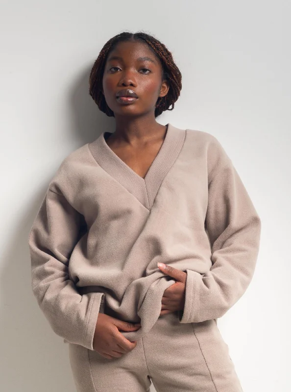 MESON v-neck taupe sweatshirt Athletic Women's High - 