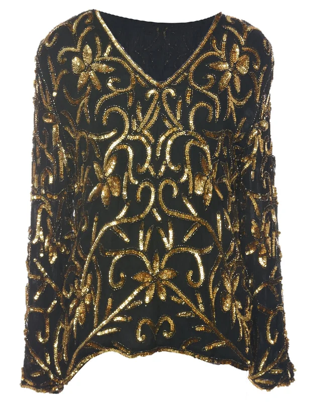 Sequined Black Party Top - M British Gentlewoman Style