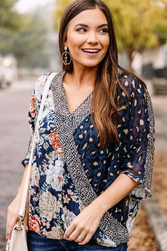 Tell Me Everything Navy Blue Mixed Print Blouse Dynamic Women's Moto