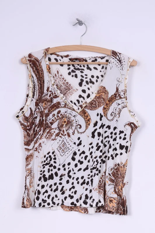 Lisa Campione Womens 42 L Shirt Sleeveless Multiprinted Cream V Neck Summer Top Casual Women's Loose - fitting Lisa Campione Womens 42 L Shirt Sleeveless Multiprinted Cream V Neck Summer Top Casual Women's Loose - fitting