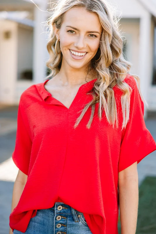 The Slouchy Red Relaxed Top Artistic Women's Hand - painted
